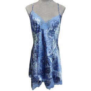 Y2K Slip Dress Blue Paisley Floral Satin Lace Spaghetti Strap Nightgown Medium